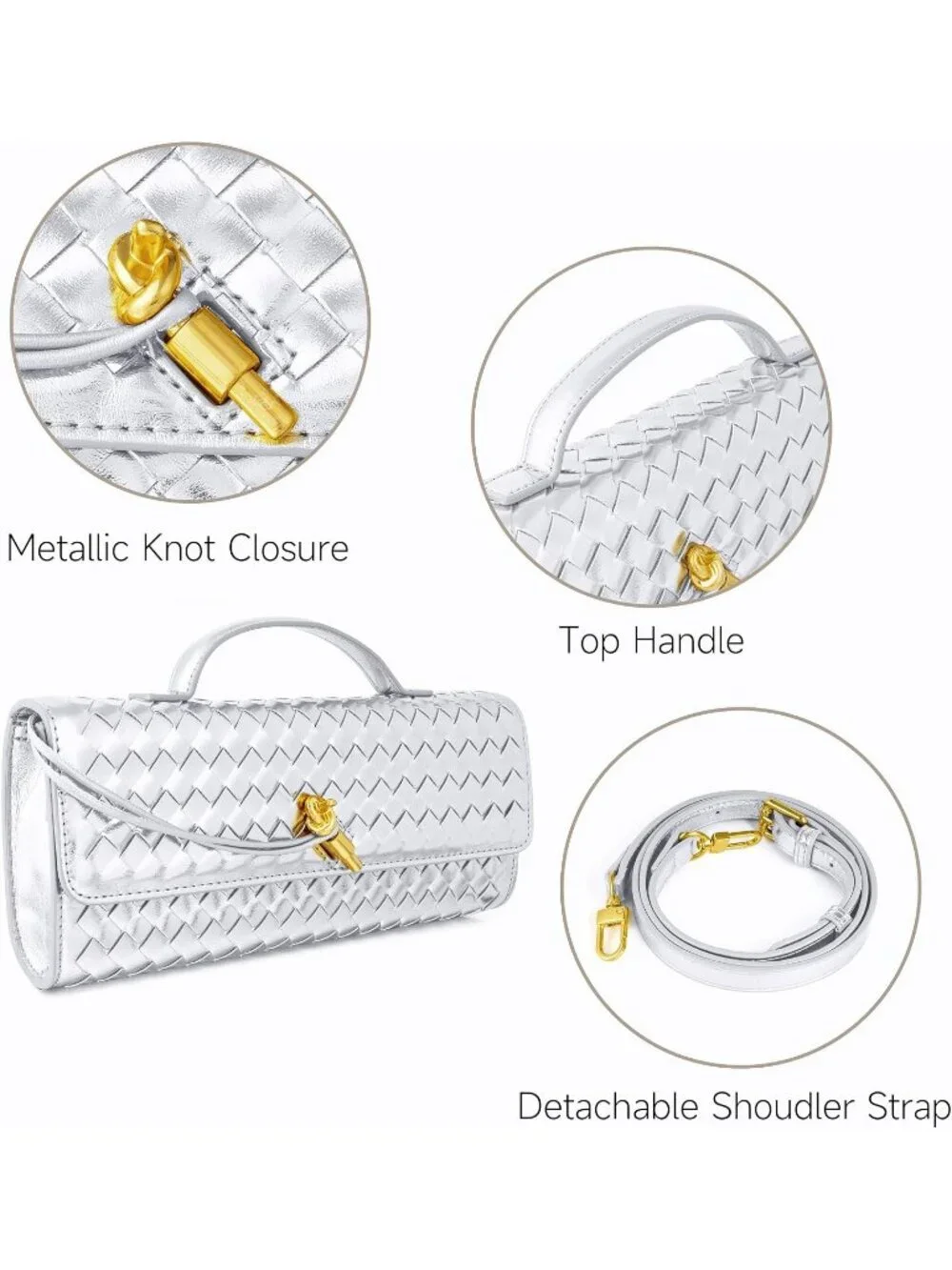 Women Silver Woven Vegan Leather Clutch Purse Formal Evening Crossbody Bag